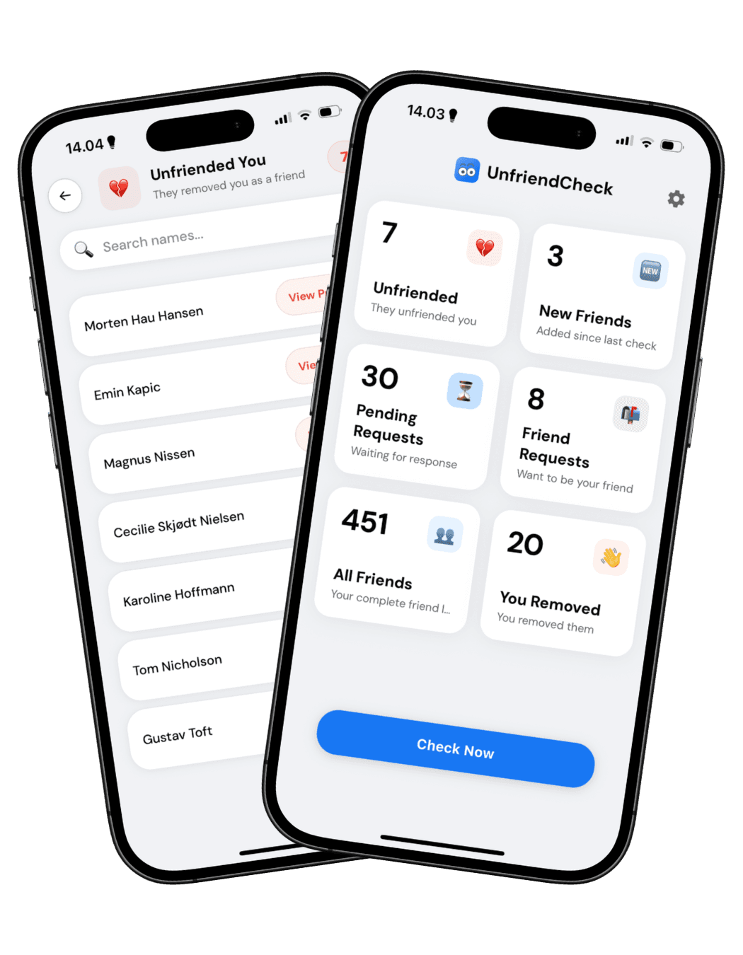 UnfriendCheck app showing who unfriended you on Facebook — dashboard with unfriended list and friend analytics